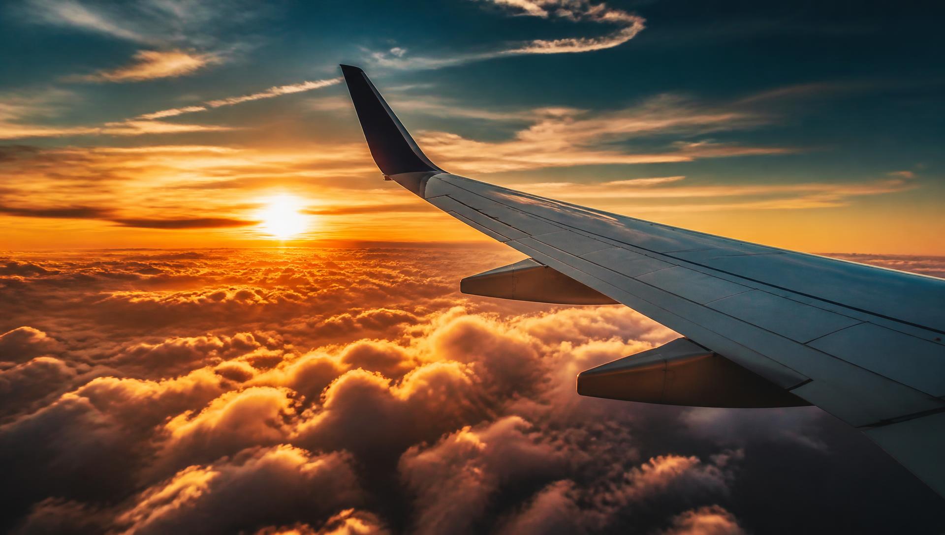 Aircraft wing above golden clouds at sunset